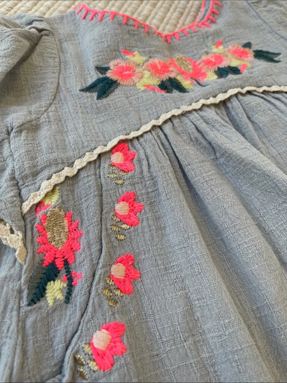 Embroidered Gray Floral Girls' Peasant Top